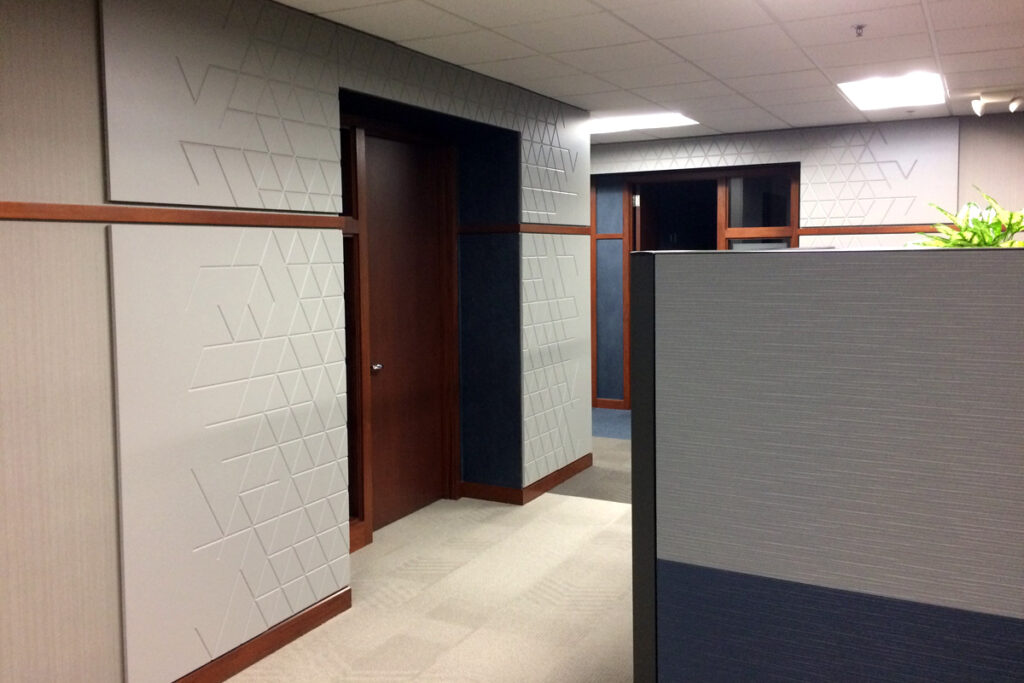 3d Mdf Grooved wall panels at wings-financial by Stratis 